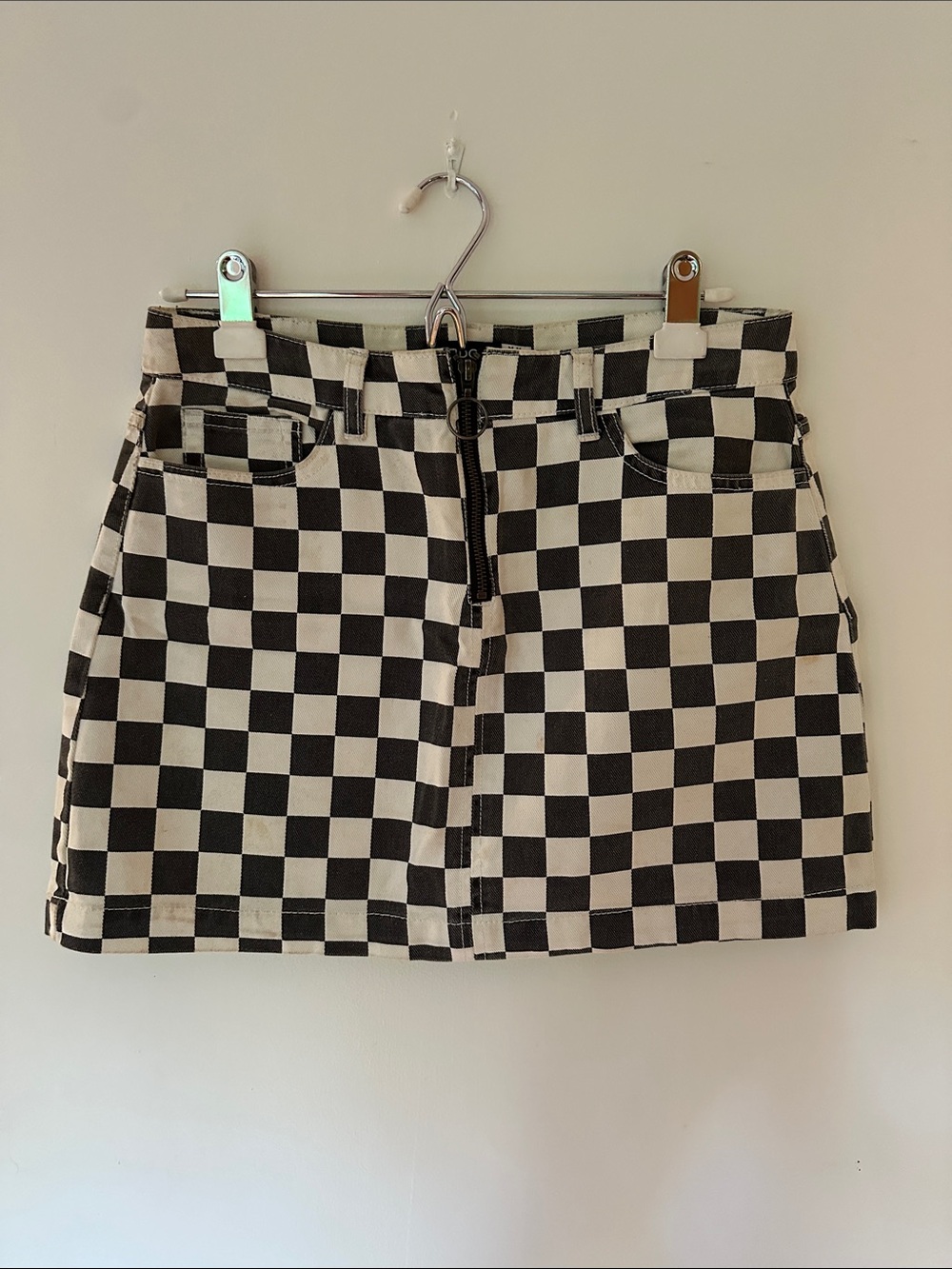 BDG Black and White Checkerboard Mini Skirt with Front Zip